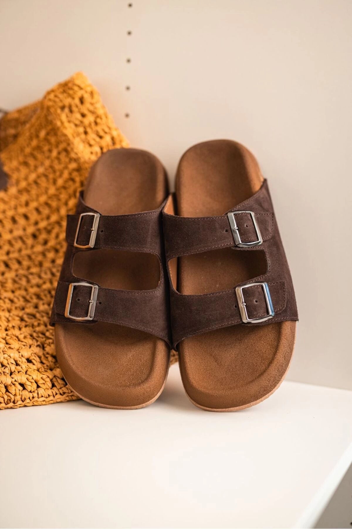 LUKKA SHOES Lorenzo Acı Kahve Çift Tokalı Hafif Mantar Taban Erkek Terlik