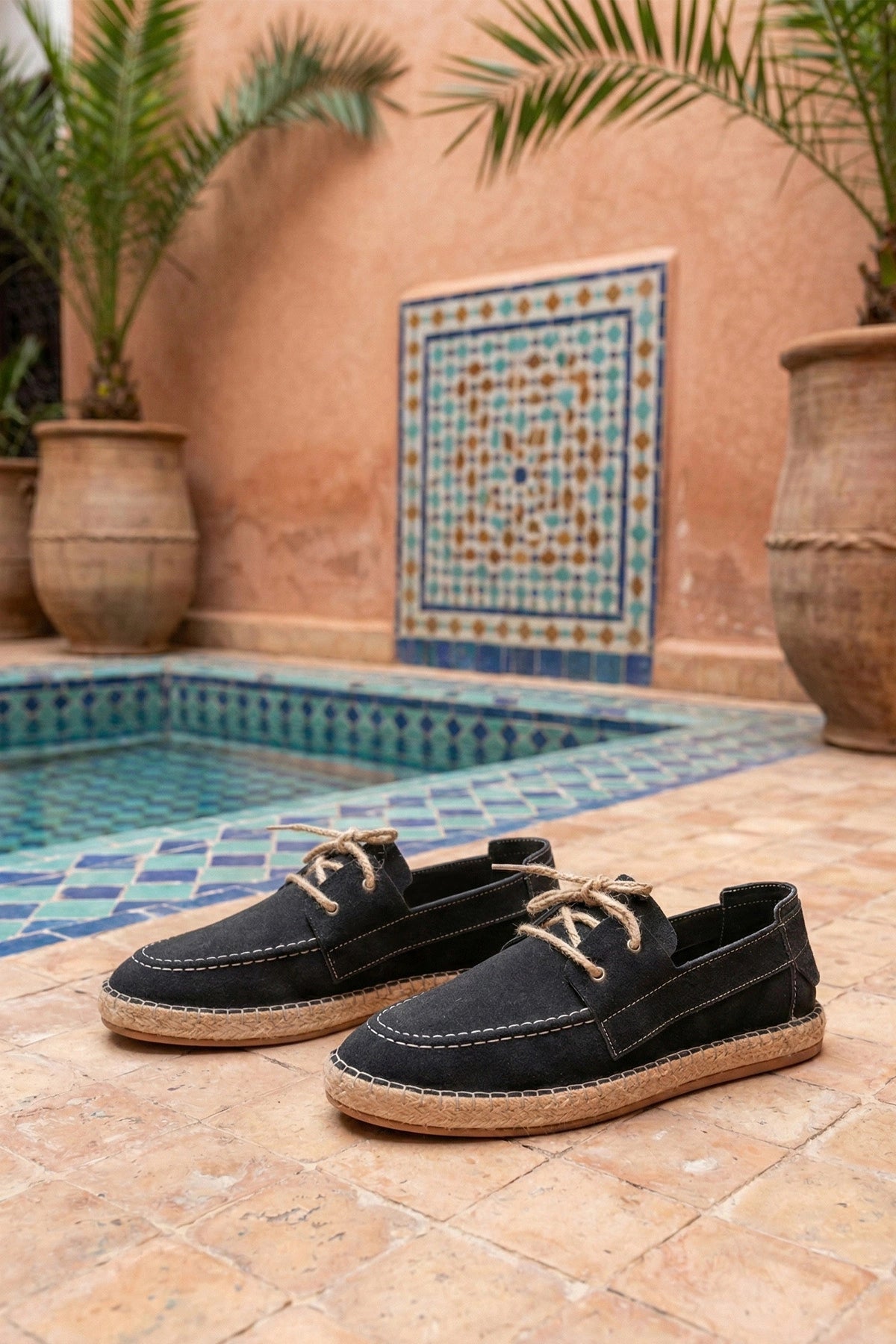 LUKKA SHOES Sahra Erkek Suni Deri Siyah Bağcıklı Espadril