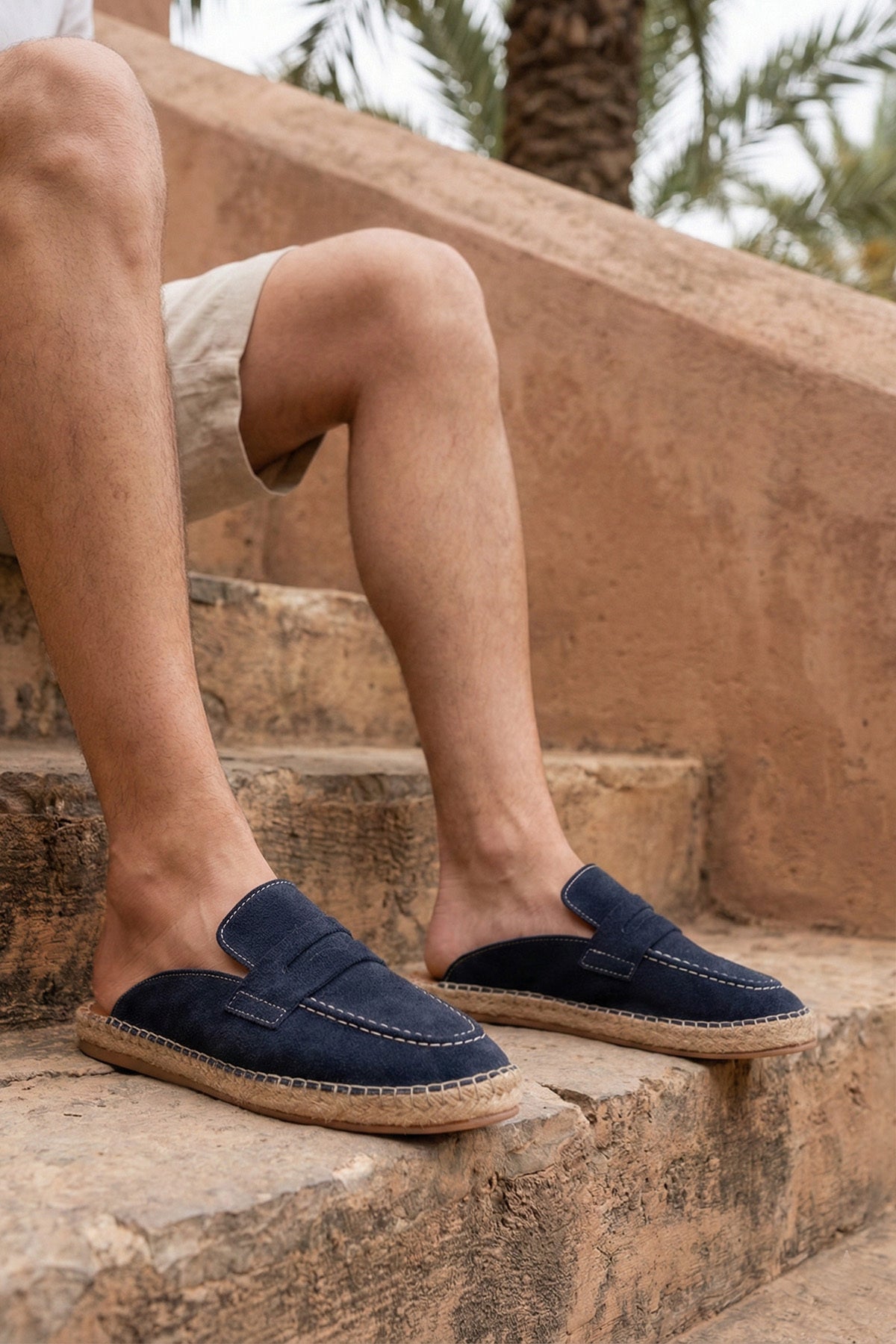 LUKKA SHOES Erkek Amaya El Yapımı Lacivert Suni Deri Tozu Espadril Loafer Terlik