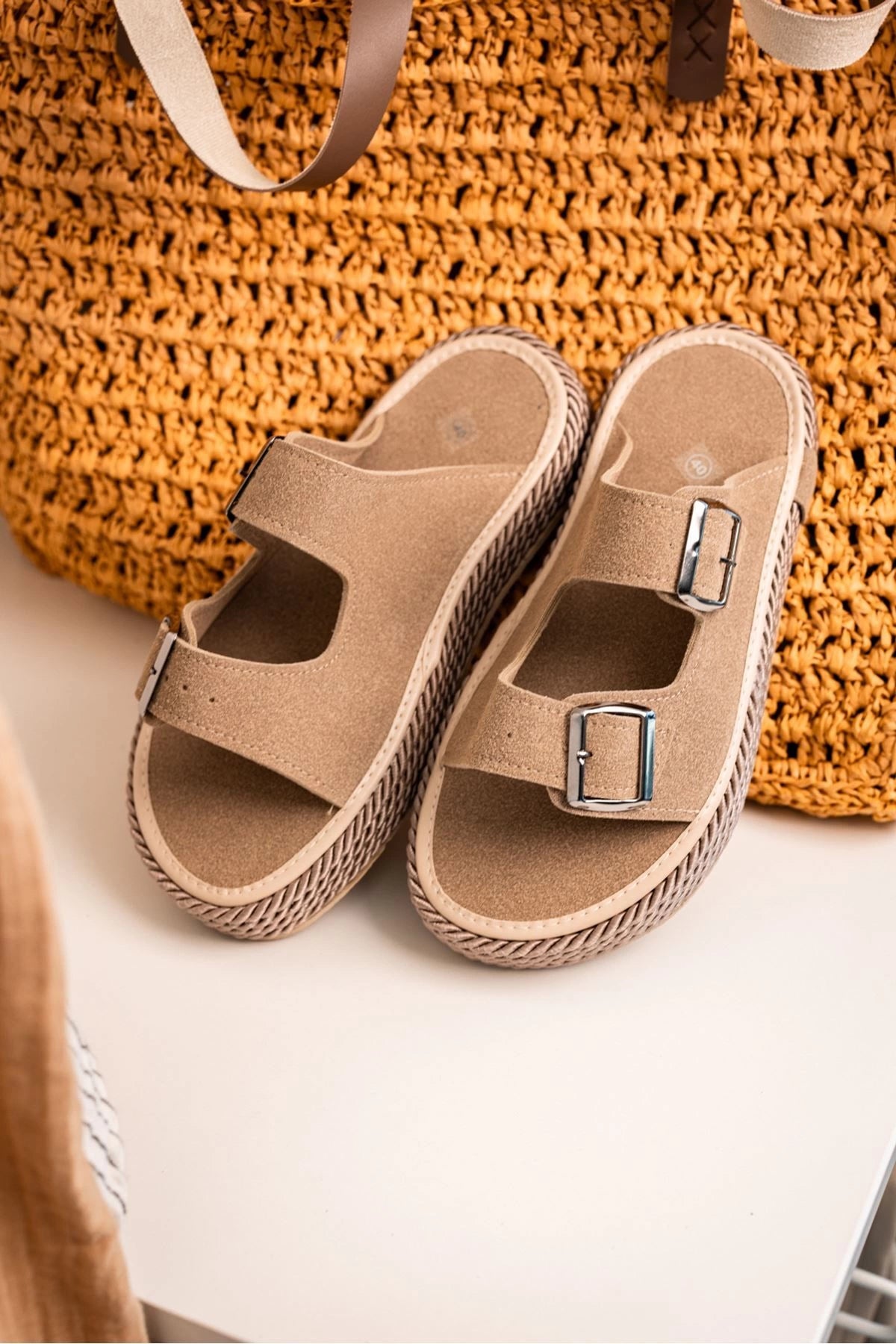 LUKKA SHOES Francesco Vizon Çift Tokalı El Yapımı Natural Hasır Erkek Terlik