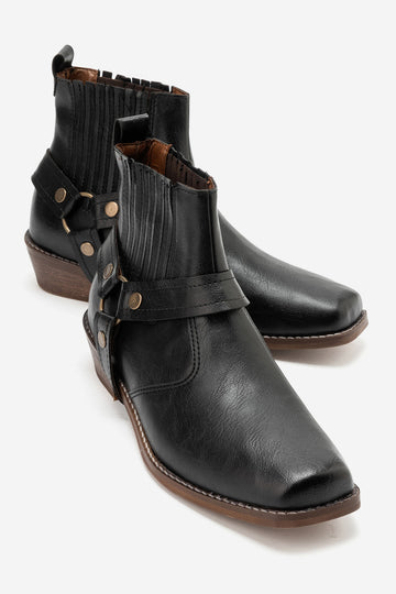LUKKA SHOES Bert Erkek Siyah Suni Deri Kovboy Dallas Western Tak Çıkar Detaylı Ahşap Topuk El Yapımı Bot