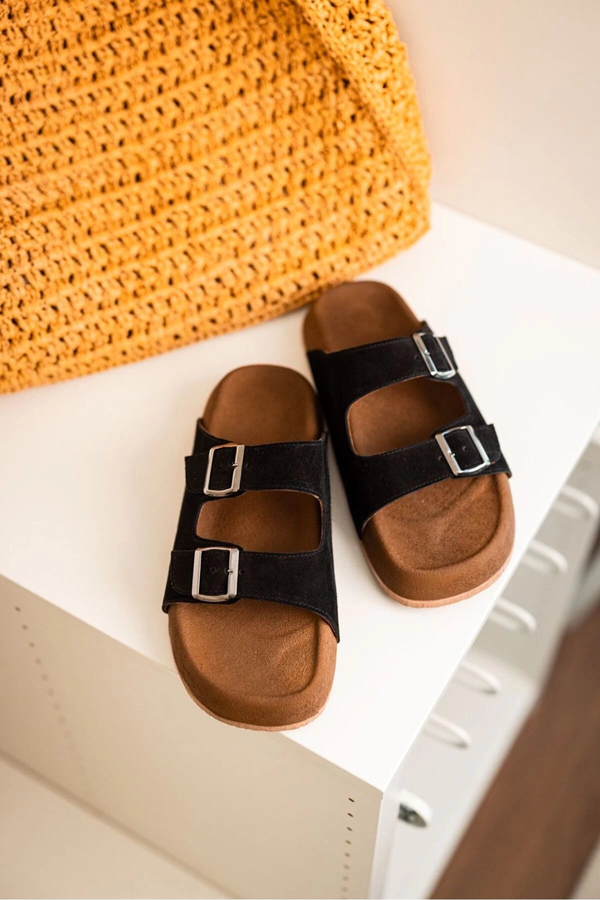 LUKKA SHOES Lorenzo Siyah Çift Tokalı Hafif Mantar Taban Erkek Terlik