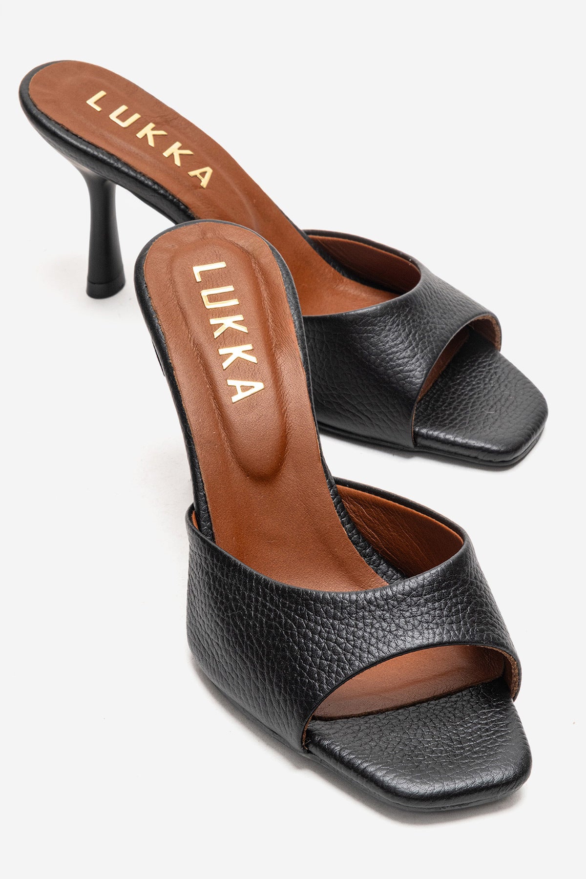 LUKKA SHOES Hakiki Deri Kadın Lenora Siyah Tek yüz Kare İnce Topuklu Terlik