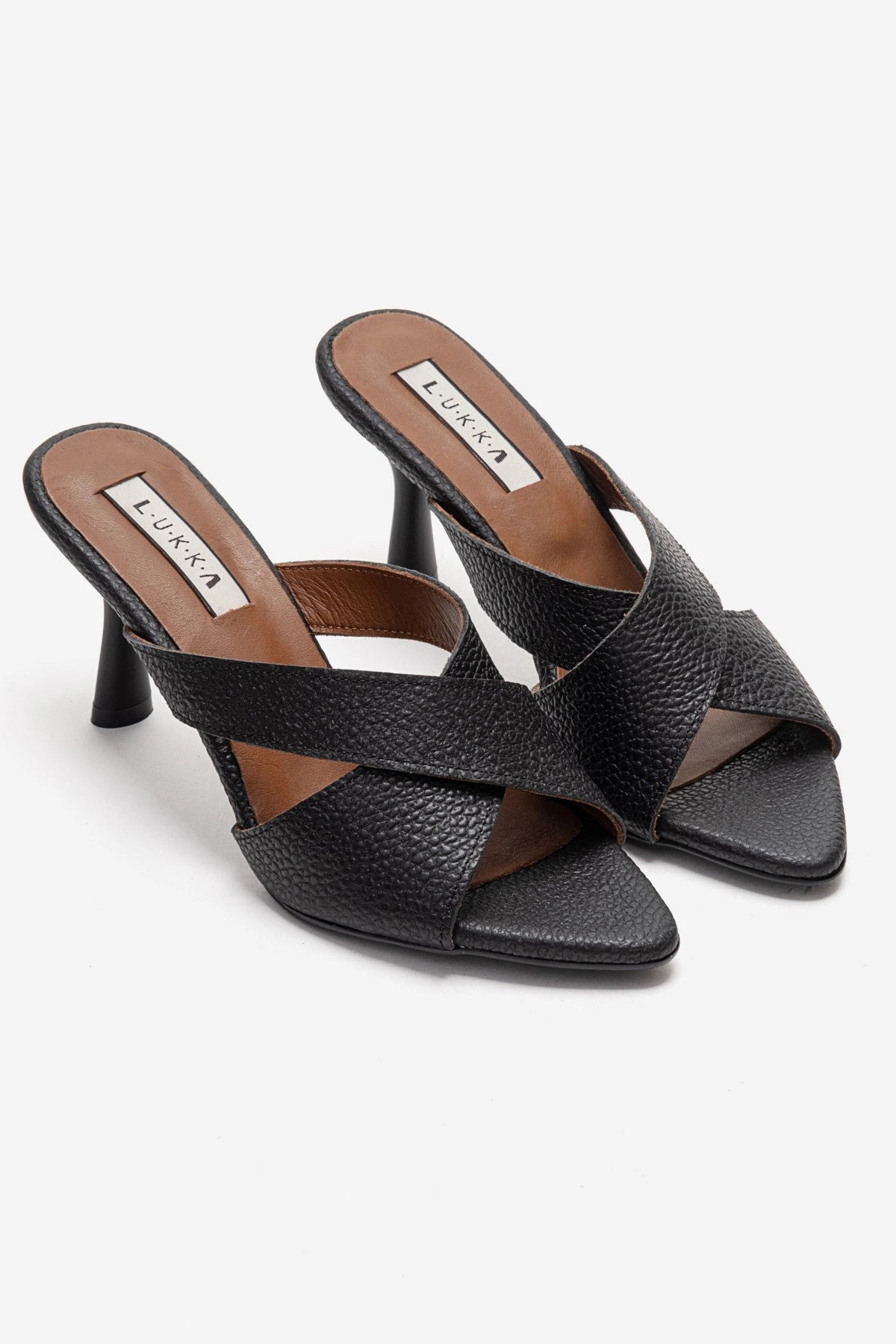 LUKKA SHOES Hakiki Deri Mila Kadın Siyah Çapraz Topuklu Terlik
