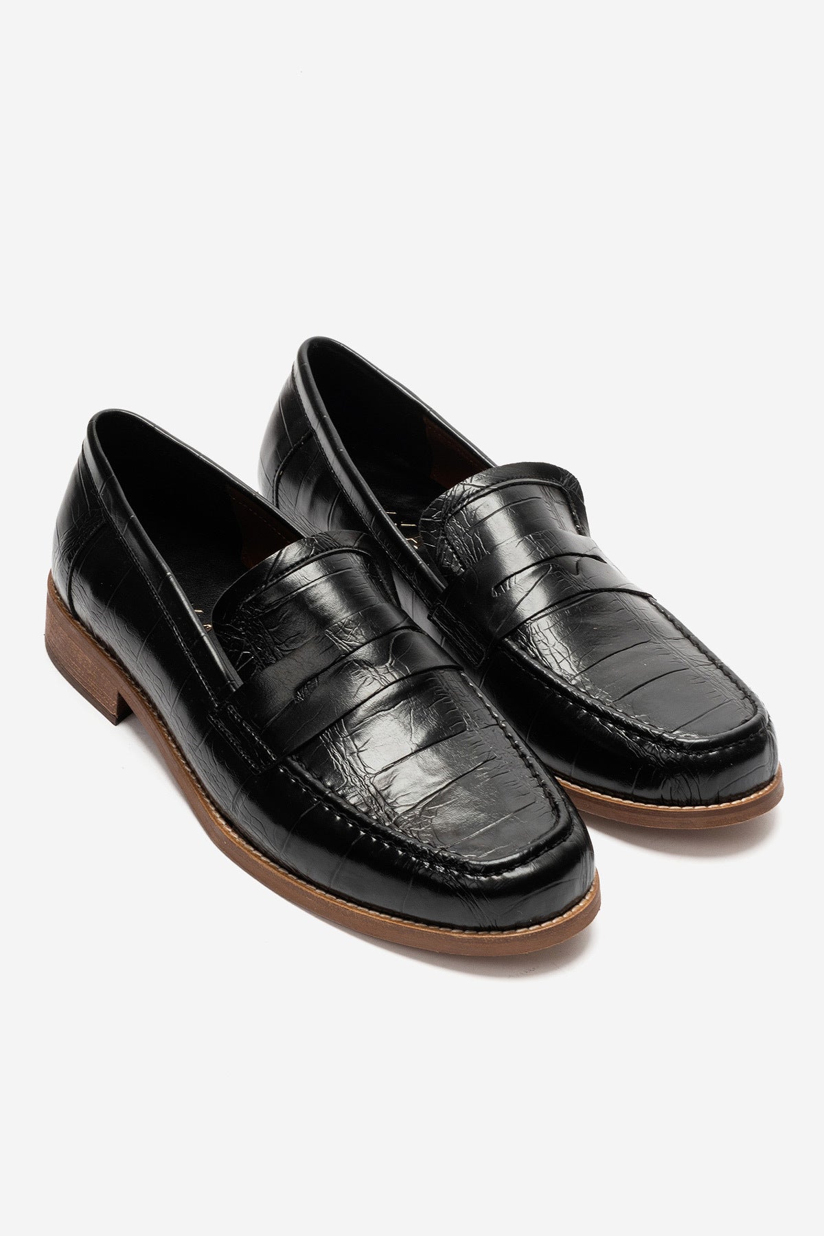 LUKKA SHOES Daniel Erkek Siyah Kroko El yapımı Makosen Loafer Ayakkabı