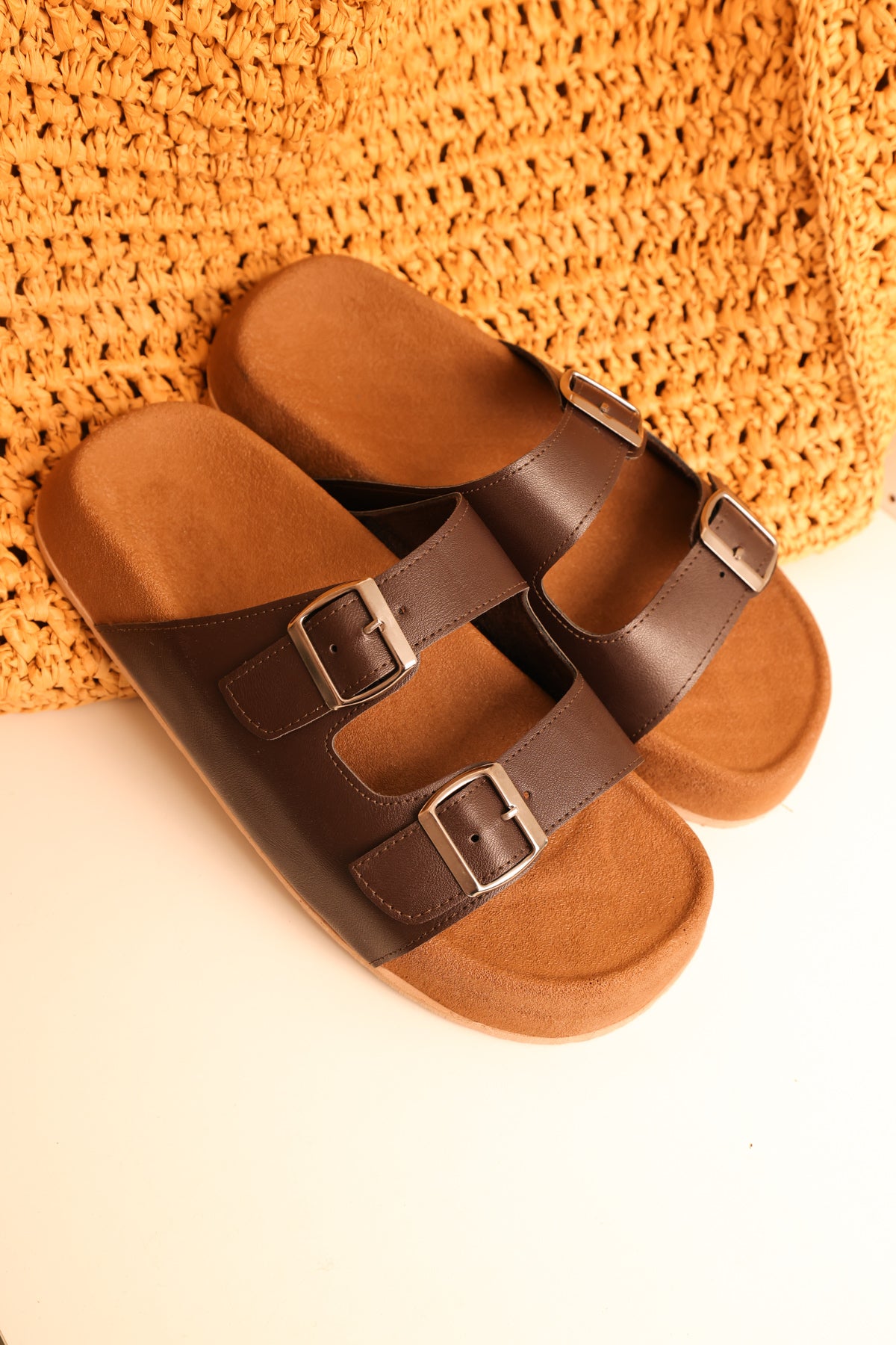LUKKA SHOES Lorenzo Beyaz Cilt Çift Tokalı Hafif Mantar Taban Erkek Terlik