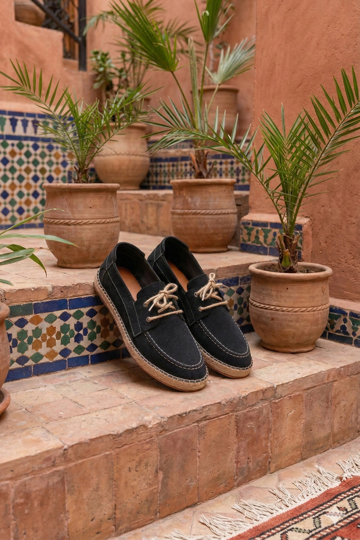 LUKKA SHOES Sahra Erkek Suni Deri Siyah Bağcıklı Espadril