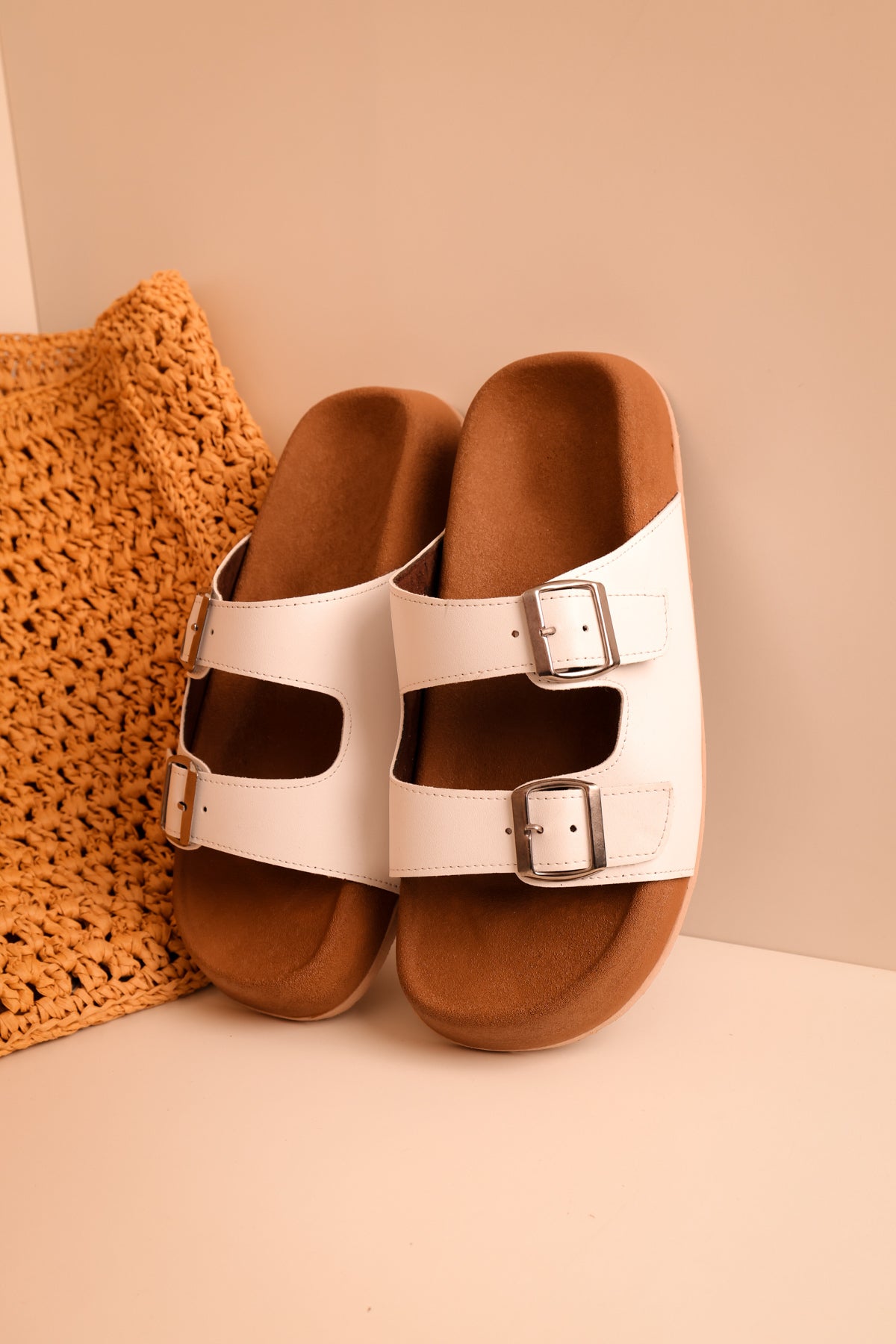 LUKKA SHOES Lorenzo Beyaz Cilt Çift Tokalı Hafif Mantar Taban Erkek Terlik