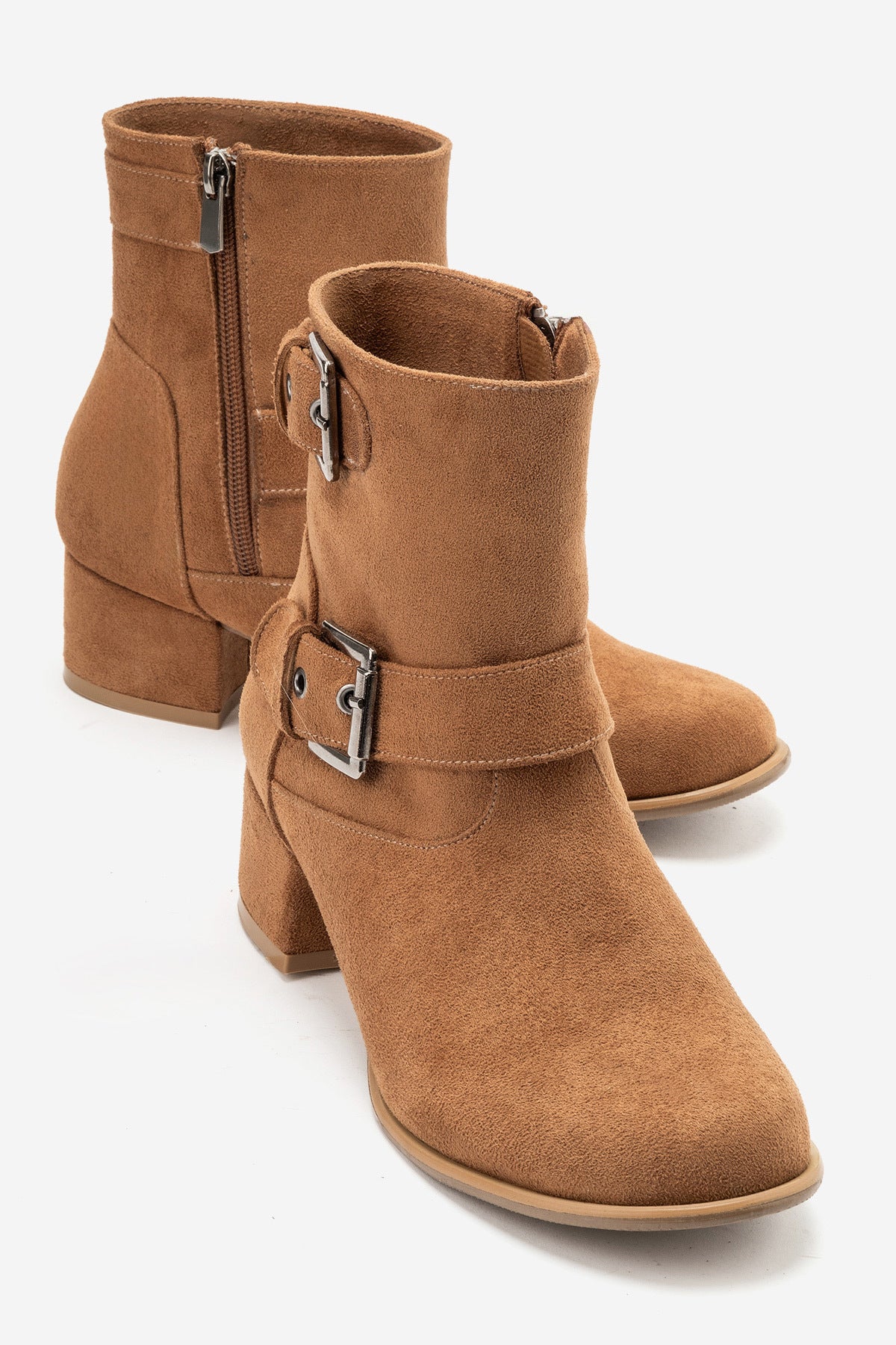 LUKKA SHOES Hope Kadın Taba Süet Toka Aksesuarlı Fermuarlı Topuklu Bot