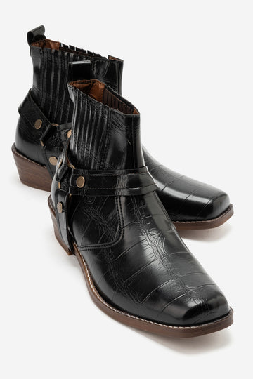 LUKKA SHOES Bert Erkek Siyah Kroko Kovboy Dallas Western Tak Çıkar Detaylı Ahşap Topuk El Yapımı Bot
