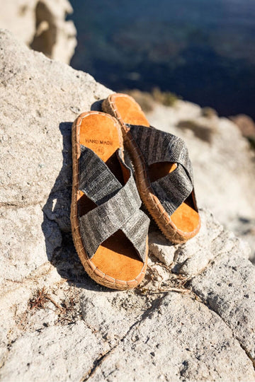 LUKKA SHOES Zeta Gri Çizgili Çapraz Keten Erkek Terlik