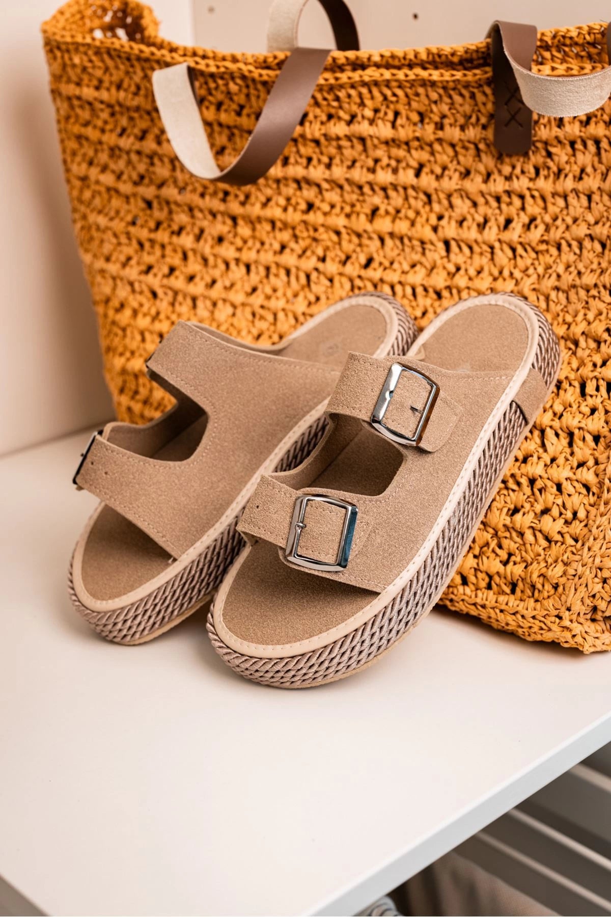 LUKKA SHOES Francesco Vizon Çift Tokalı El Yapımı Natural Hasır Erkek Terlik