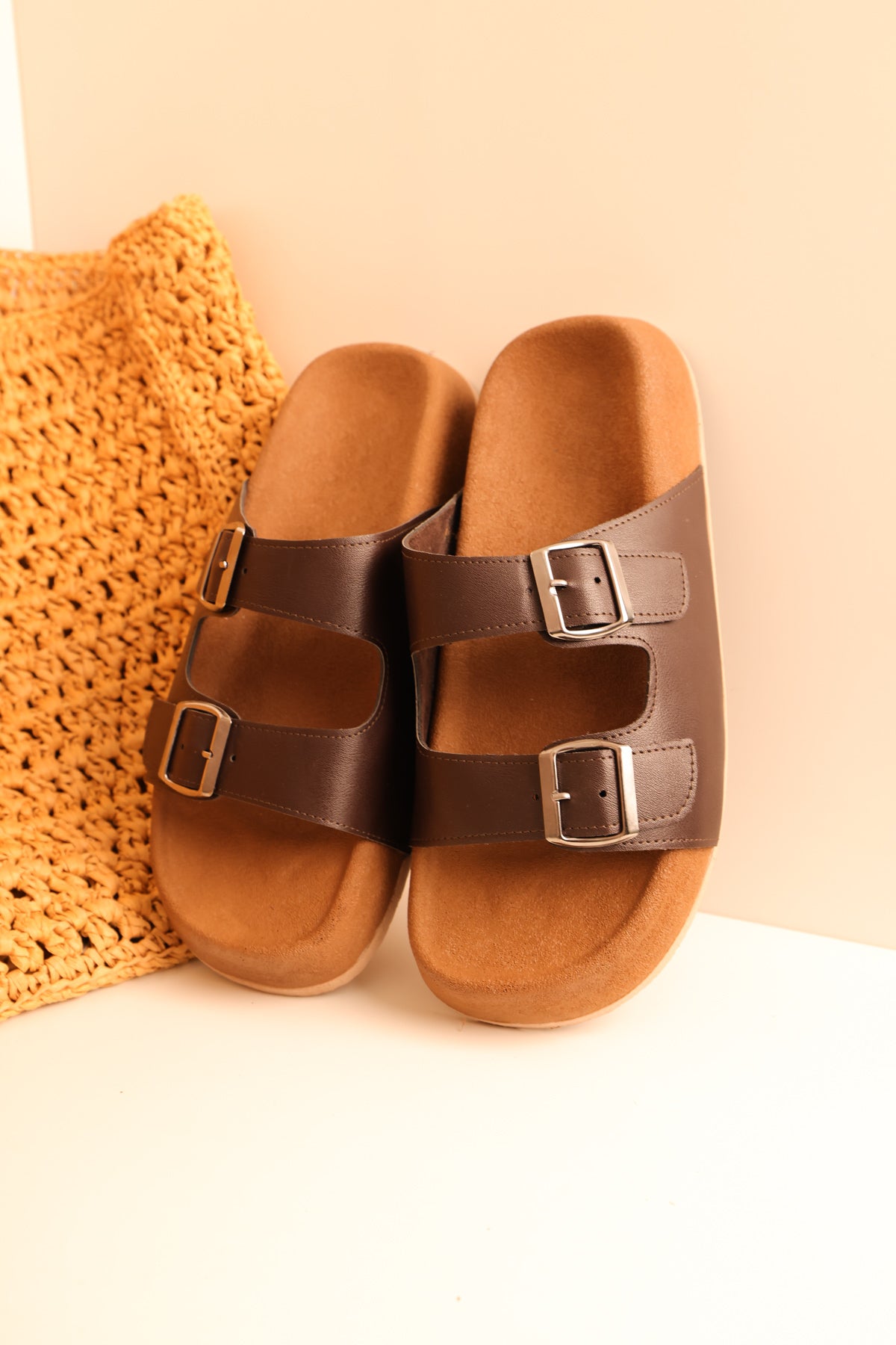 LUKKA SHOES Lorenzo Beyaz Cilt Çift Tokalı Hafif Mantar Taban Erkek Terlik