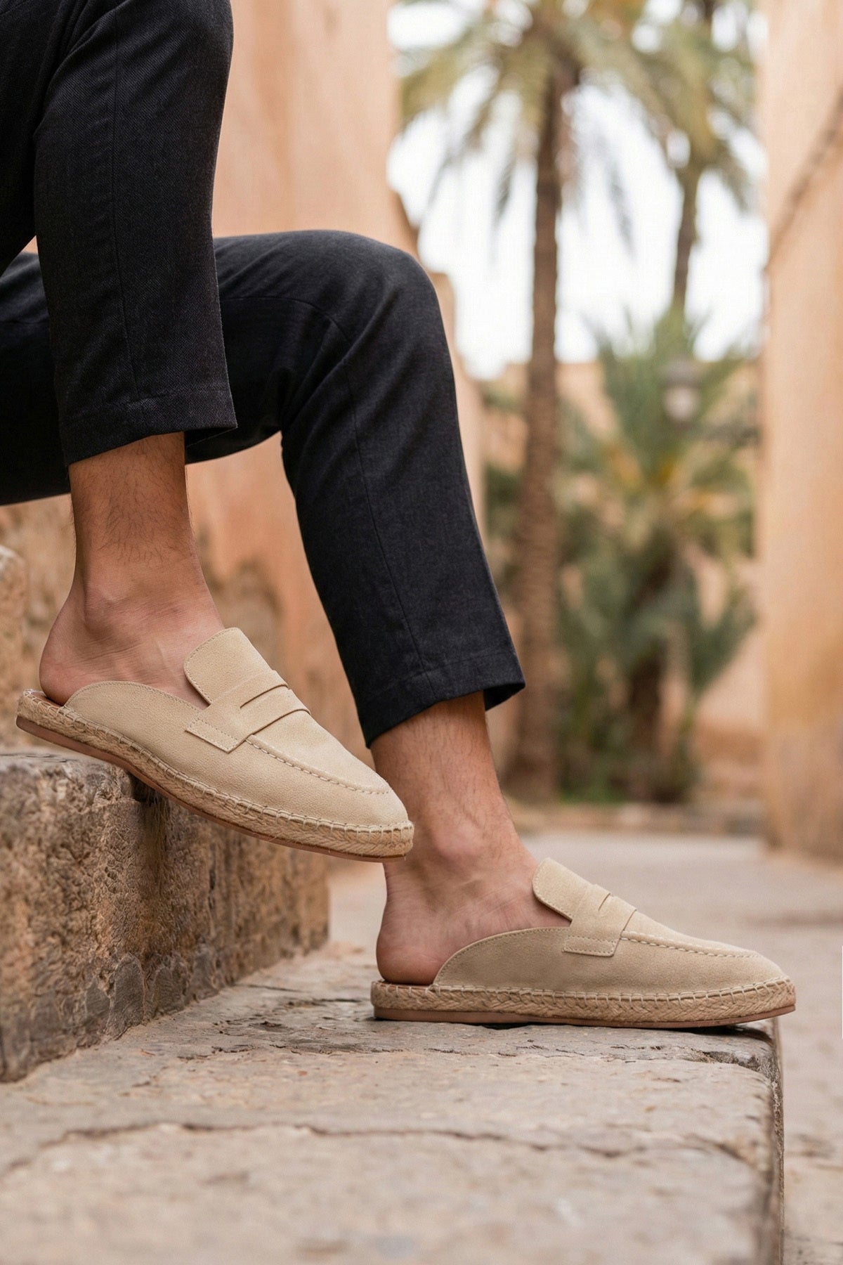 LUKKA SHOES Erkek Amaya El Yapımı Bej Suni Deri Tozu Espadril Loafer Terlik