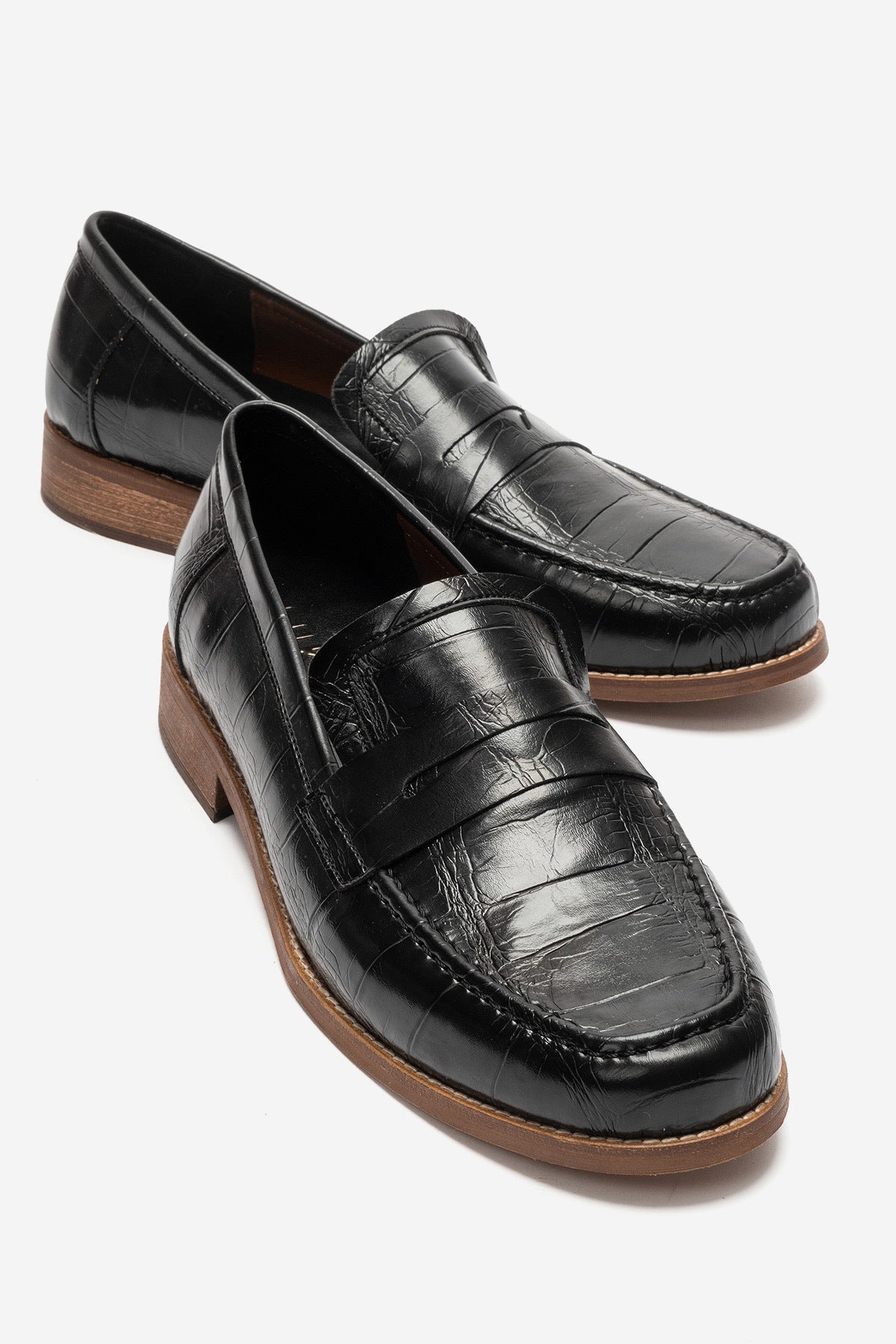 LUKKA SHOES Daniel Erkek Siyah Kroko El yapımı Makosen Loafer Ayakkabı