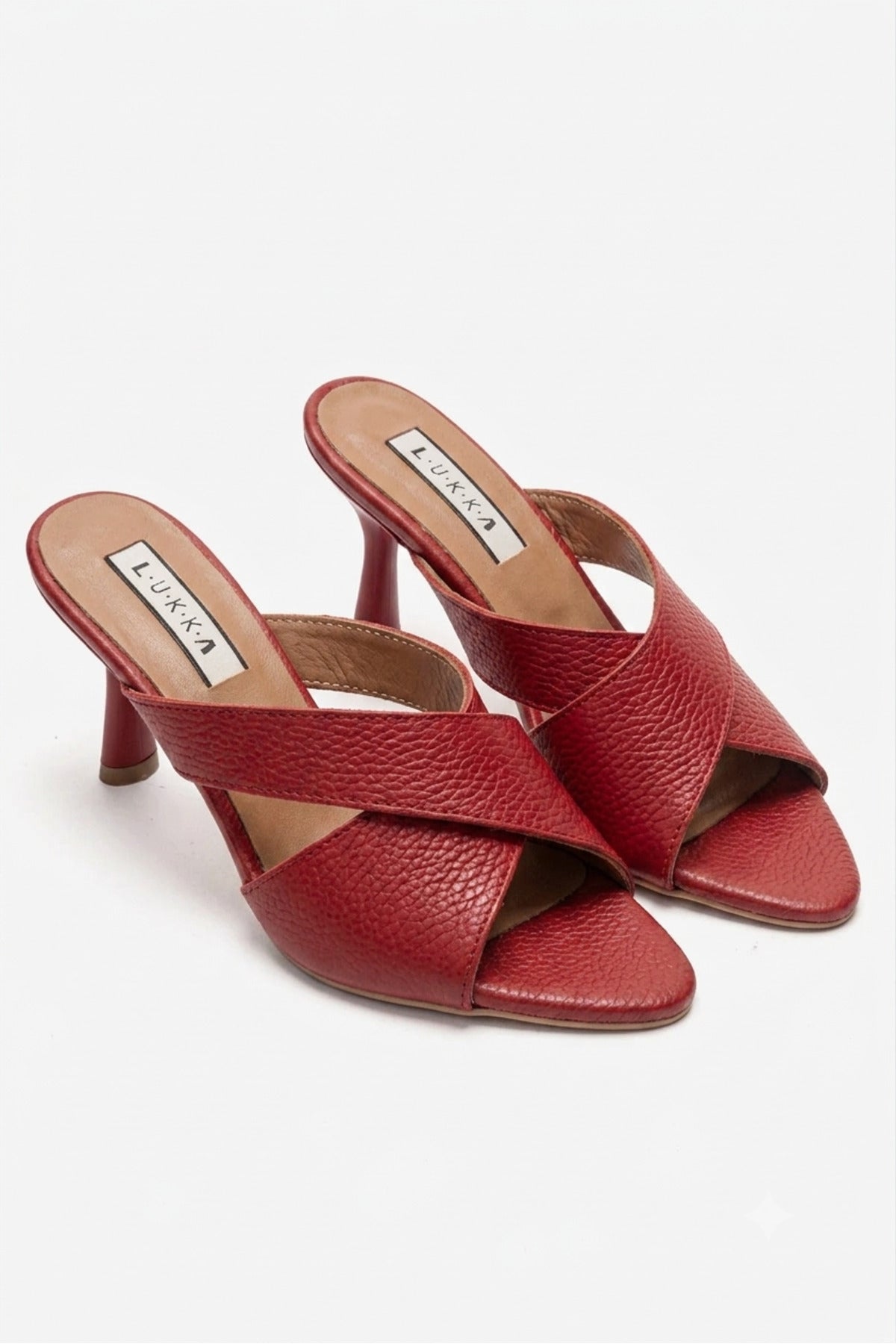 LUKKA SHOES Hakiki Deri Mila Kadın Kırmızı Çapraz Topuklu Terlik