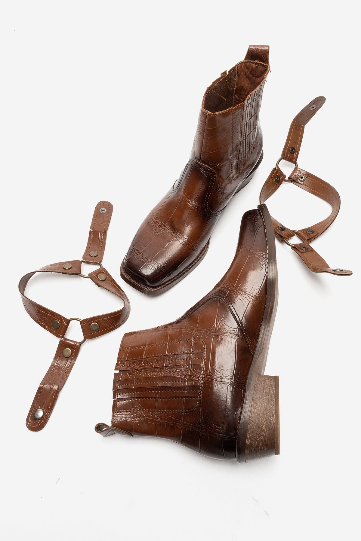 LUKKA SHOES Bert Erkek Taba Kroko Kovboy Dallas Western Tak Çıkar Detaylı Ahşap Topuk El Yapımı Bot