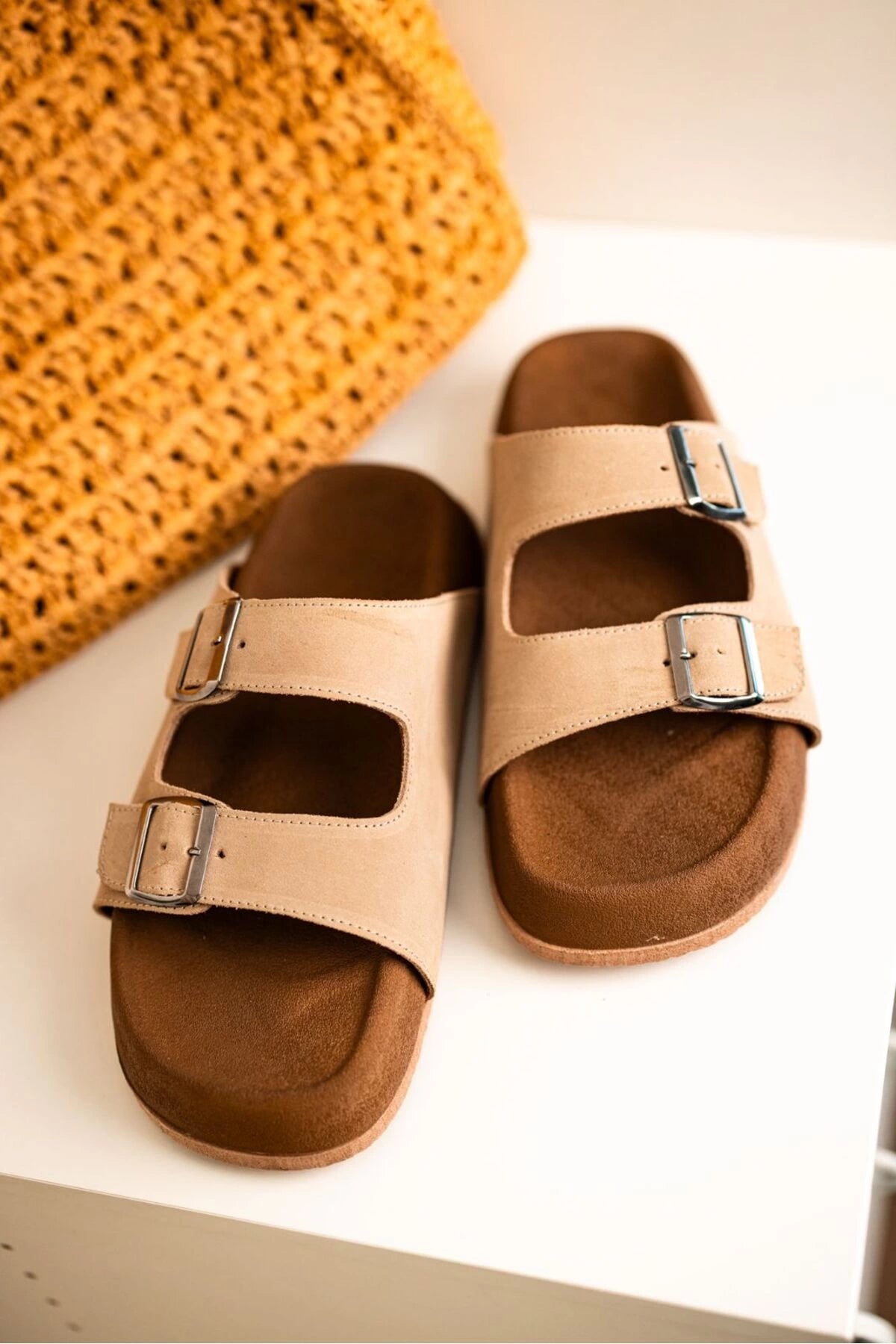 LUKKA SHOES Lorenzo Bej Çift Tokalı Hafif Mantar Taban Erkek Terlik