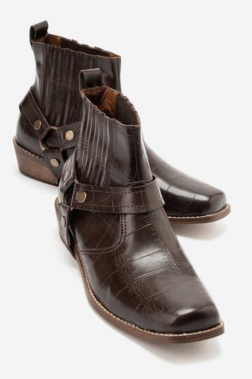 LUKKA SHOES Bert Erkek Acı Kahve Kroko Kovboy Dallas Western Tak Çıkar Detaylı Ahşap Topuk El Yapımı Bot