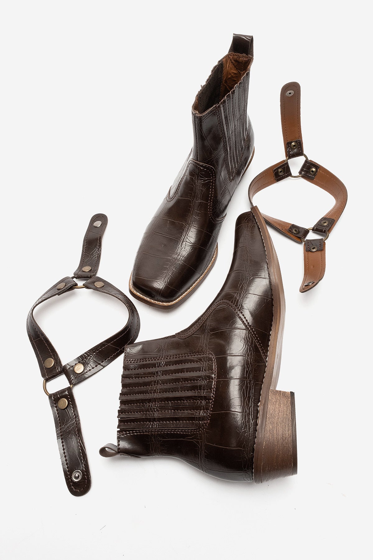 LUKKA SHOES Bert Erkek Acı Kahve Kroko Kovboy Dallas Western Tak Çıkar Detaylı Ahşap Topuk El Yapımı Bot