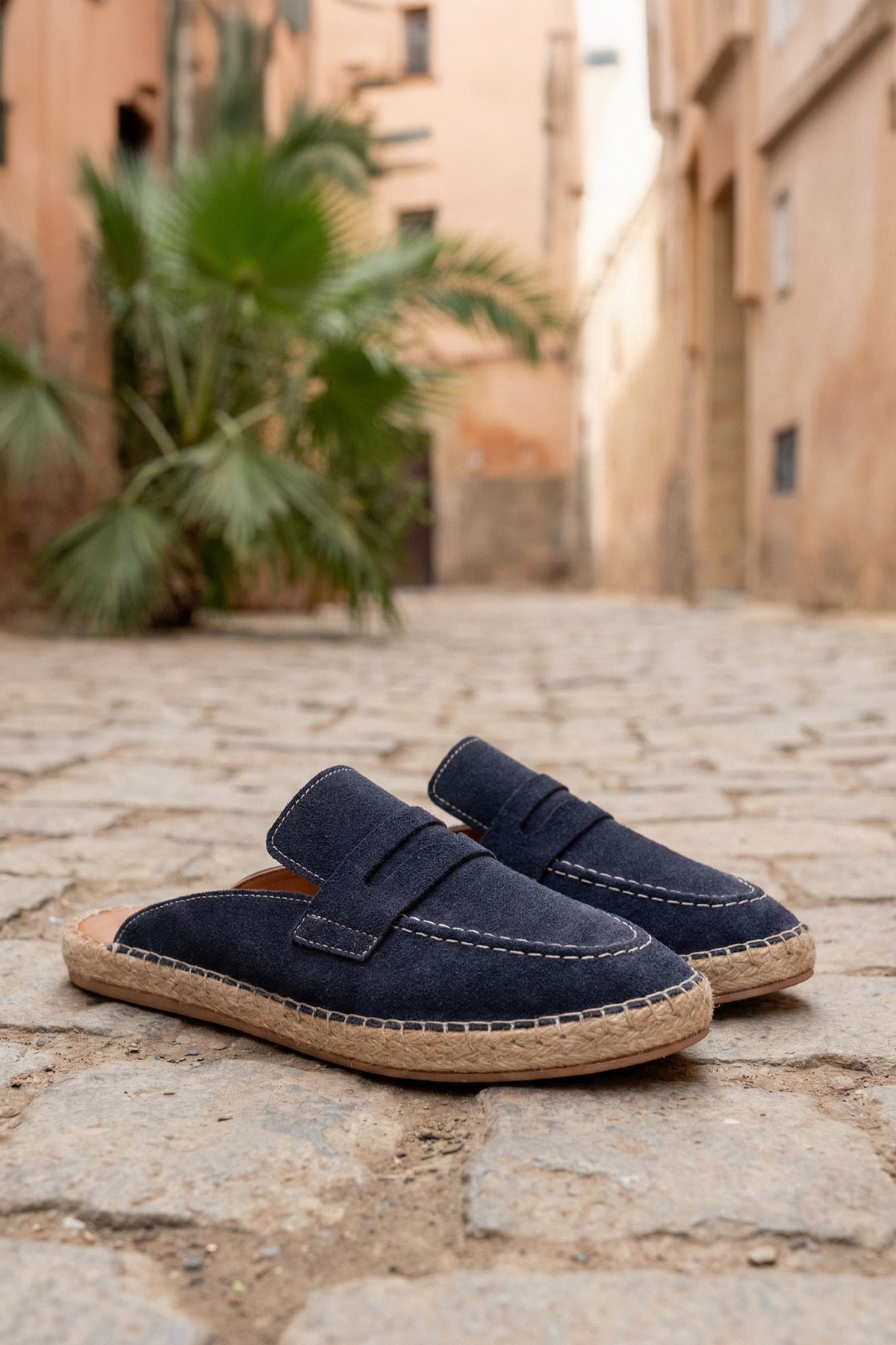 LUKKA SHOES Erkek Amaya El Yapımı Lacivert Suni Deri Tozu Espadril Loafer Terlik