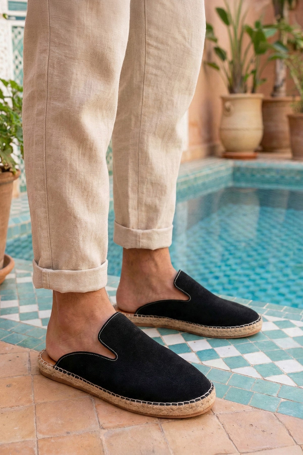 LUKKA SHOES Erkek Terra El Yapımı Siyah Suni Deri Tozu Espadril Terlik