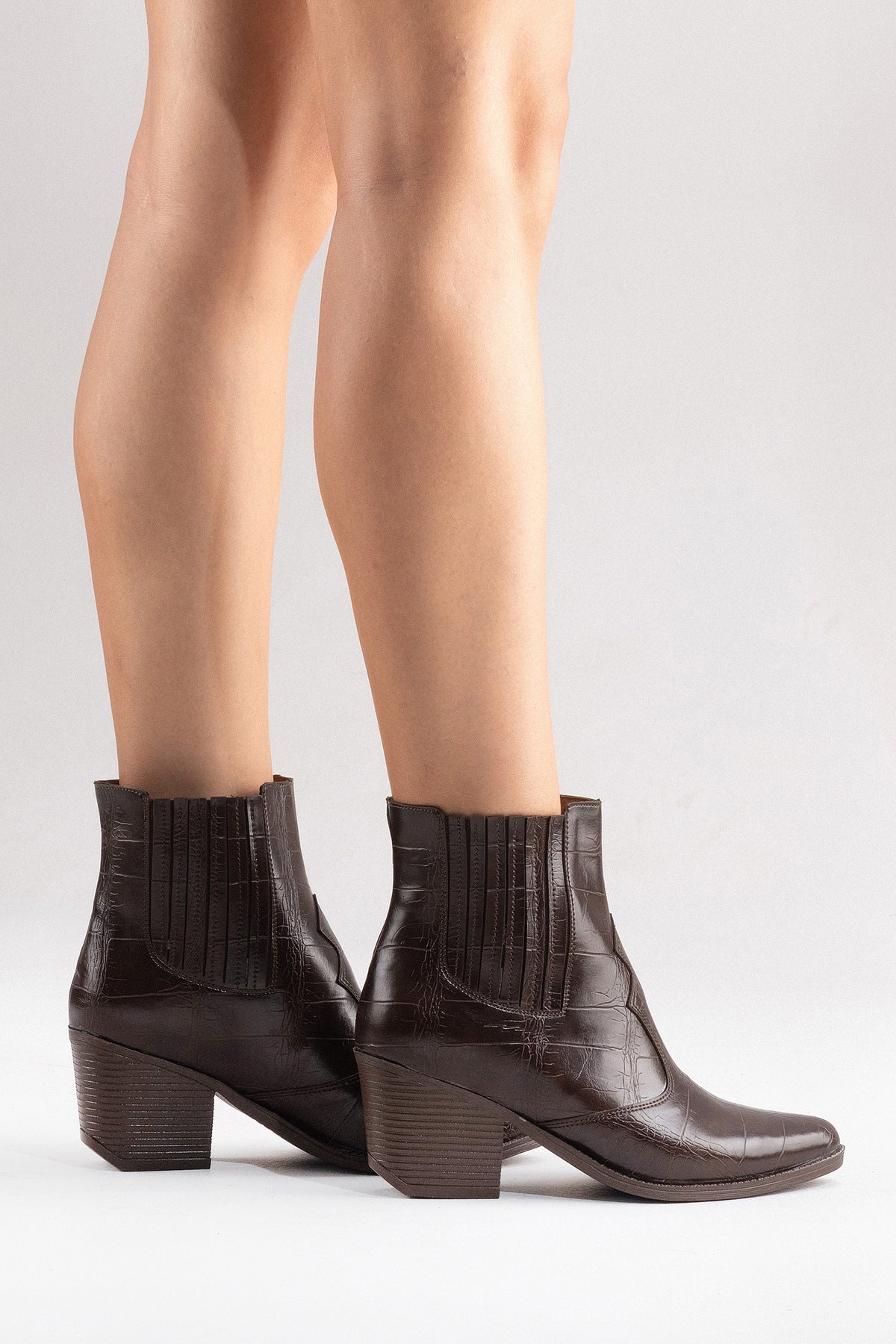 LUKKA SHOES Nova Kadın Acı Kahve Kroko Western Dallas Tak Çıkar Bot