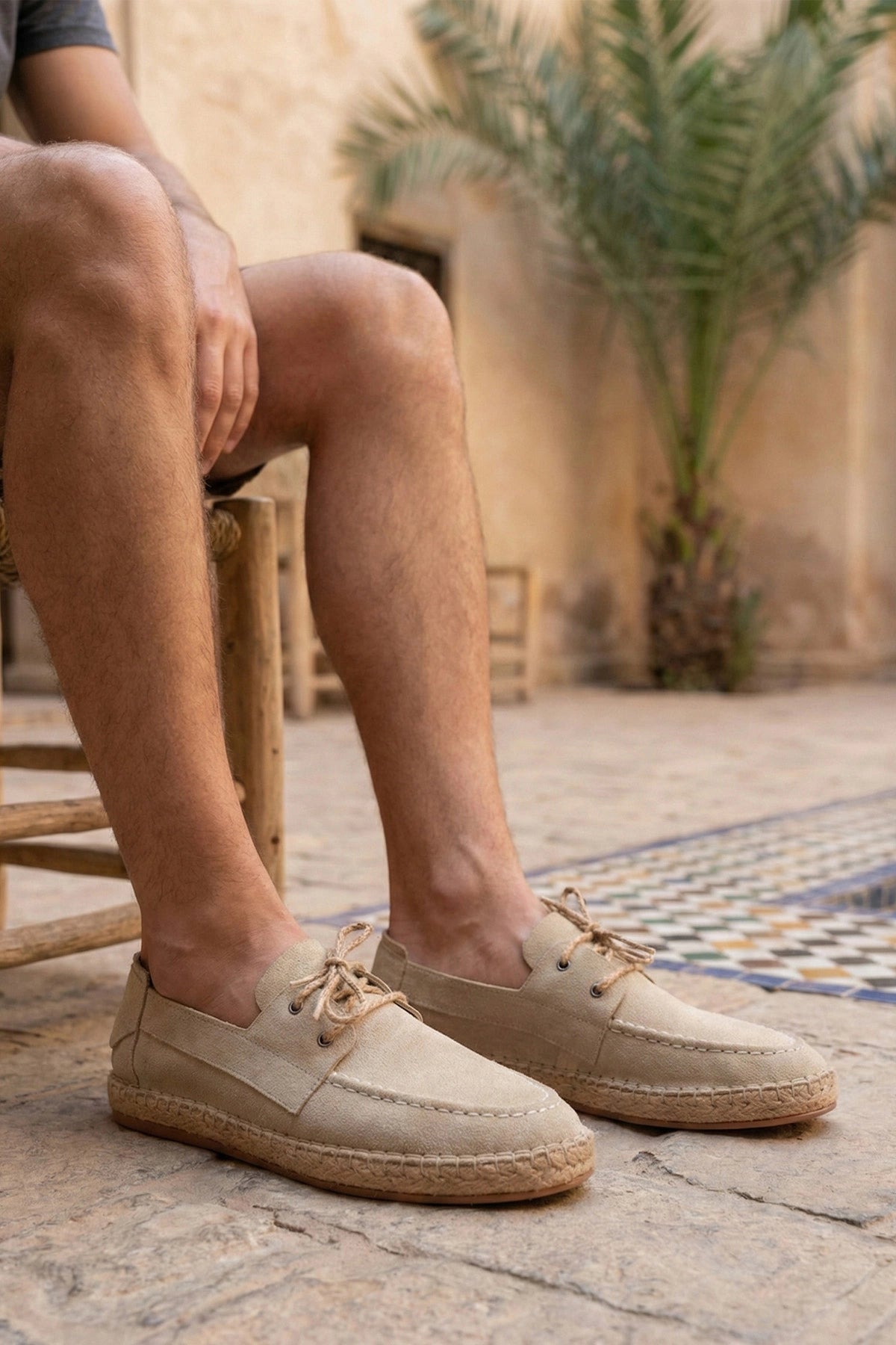 LUKKA SHOES Sahra Erkek Suni Deri Bej Bağcıklı Espadril
