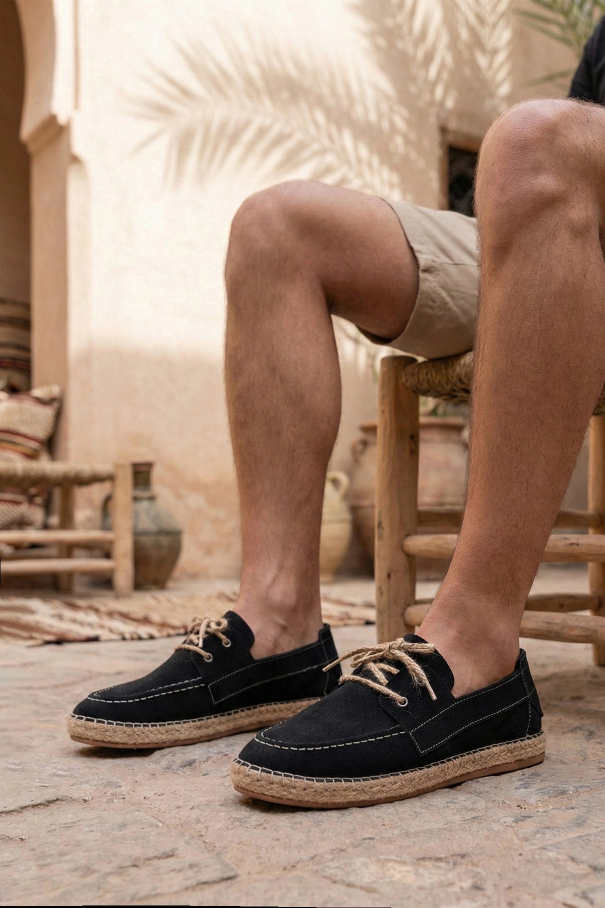 LUKKA SHOES Sahra Erkek Suni Deri Siyah Bağcıklı Espadril