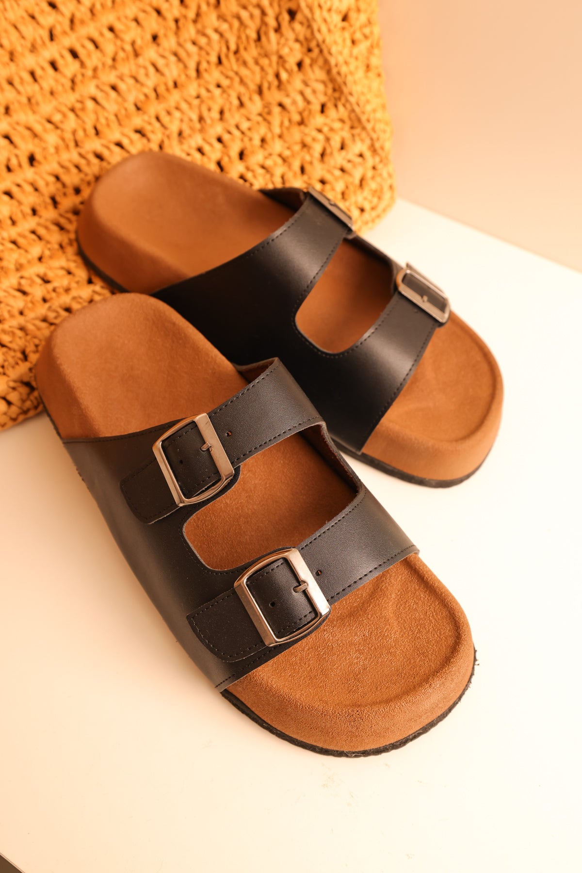 LUKKA SHOES Lorenzo Siyah Cilt Çift Tokalı Hafif Mantar Taban Erkek Terlik