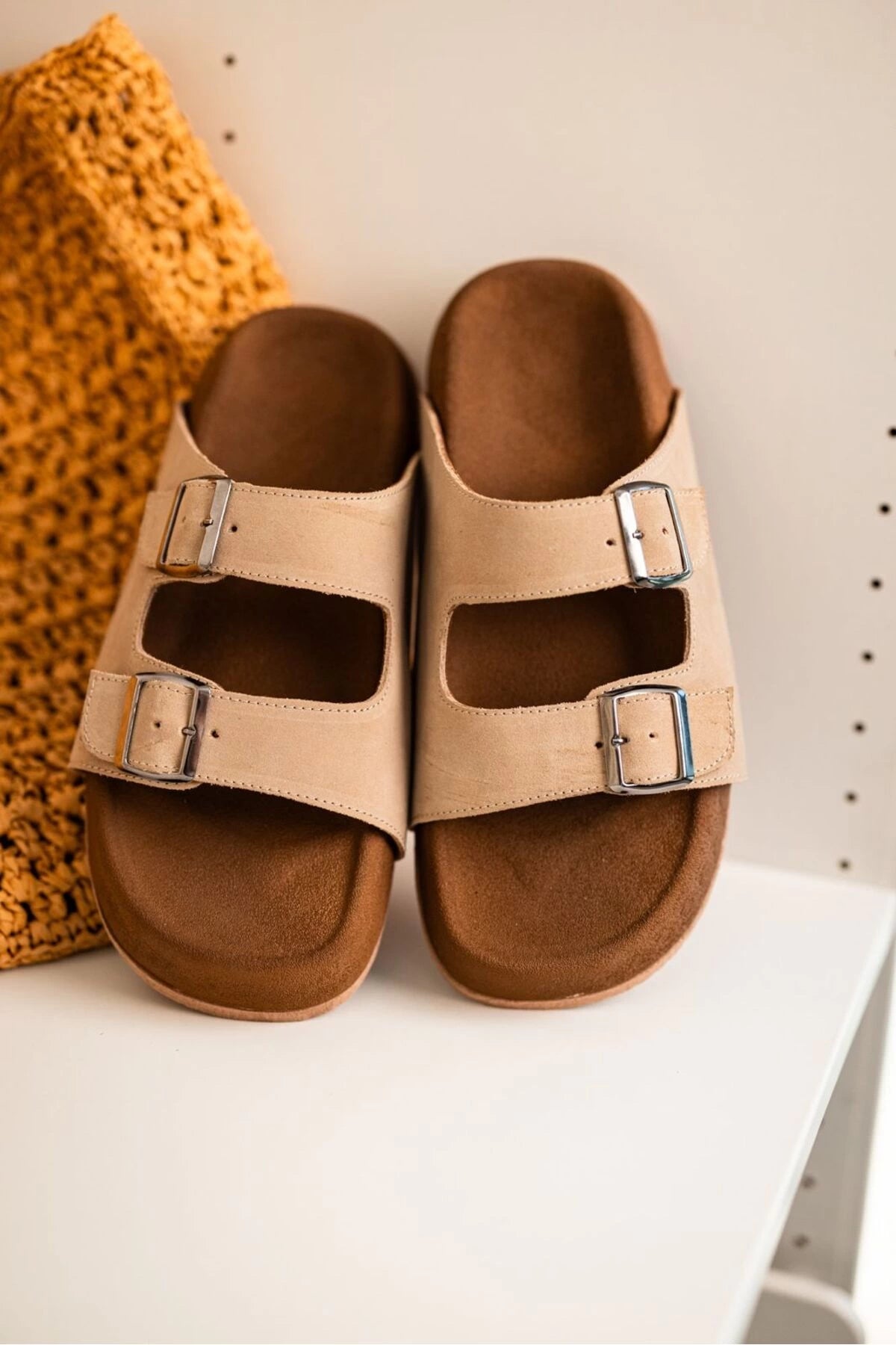 LUKKA SHOES Lorenzo Bej Çift Tokalı Hafif Mantar Taban Erkek Terlik