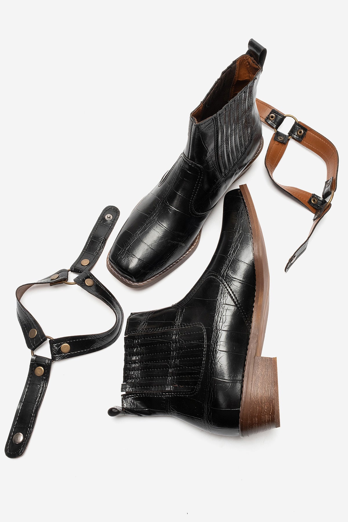 LUKKA SHOES Bert Erkek Siyah Kroko Kovboy Dallas Western Tak Çıkar Detaylı Ahşap Topuk El Yapımı Bot