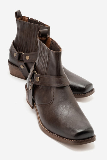 LUKKA SHOES Bert Erkek Acı Kahve Suni Deri Kovboy Dallas Western Tak Çıkar Detaylı Ahşap Topuk El Yapımı Bot