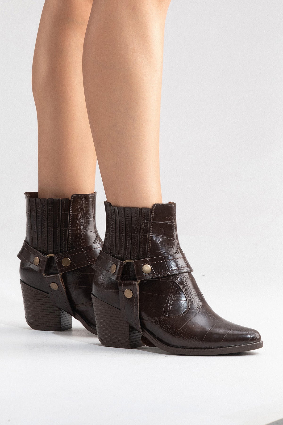 LUKKA SHOES Nova Kadın Acı Kahve Kroko Western Dallas Tak Çıkar Bot