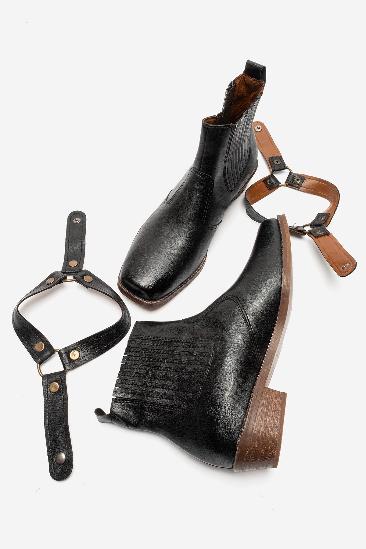 LUKKA SHOES Bert Erkek Siyah Suni Deri Kovboy Dallas Western Tak Çıkar Detaylı Ahşap Topuk El Yapımı Bot