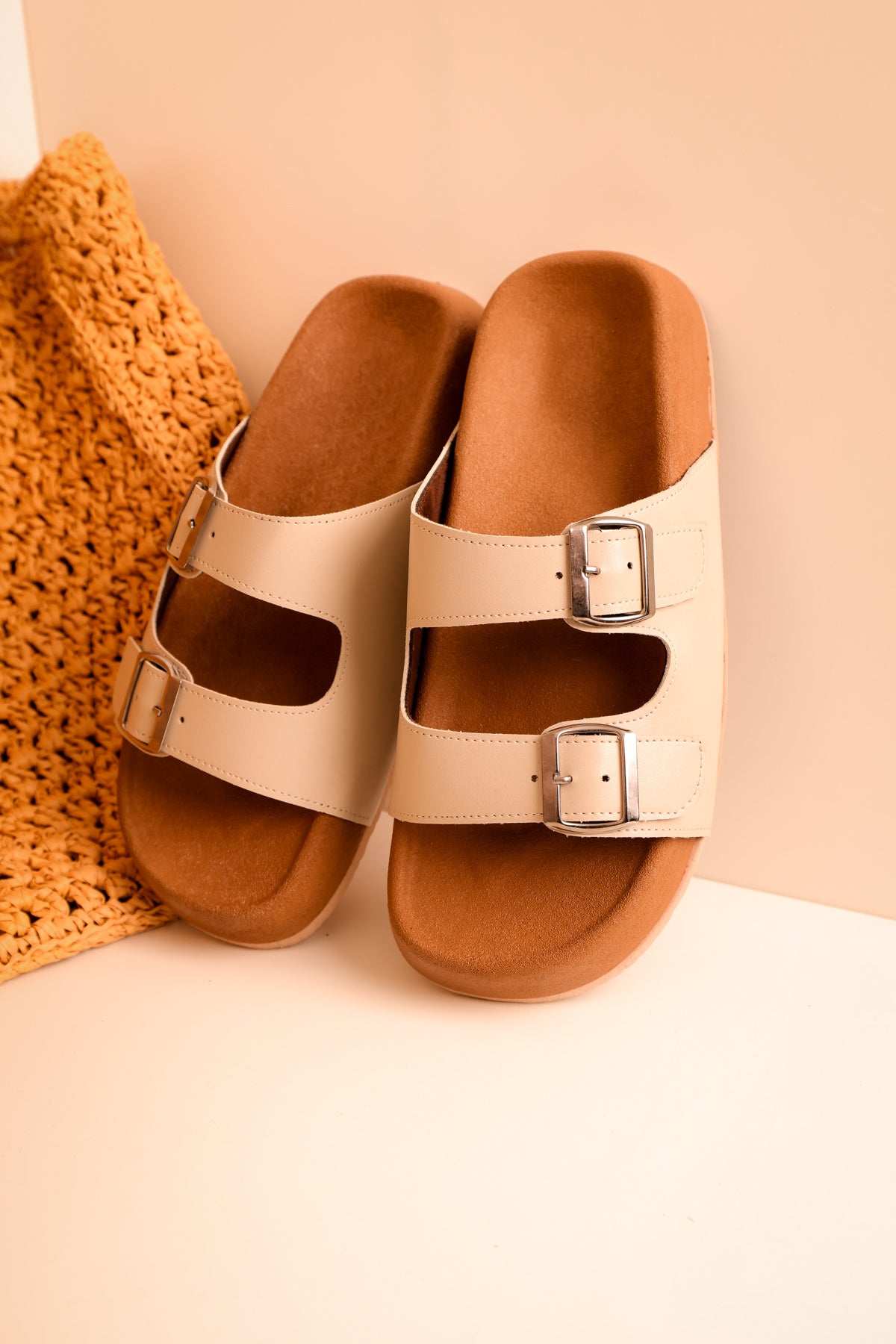 LUKKA SHOES Lorenzo Bej Cilt Çift Tokalı Hafif Mantar Taban Erkek Terlik