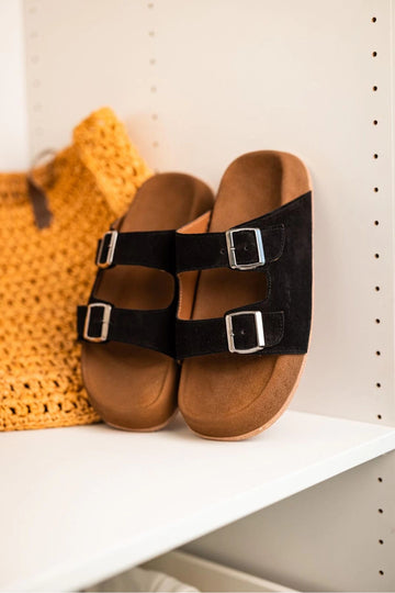 LUKKA SHOES Lorenzo Siyah Çift Tokalı Hafif Mantar Taban Erkek Terlik