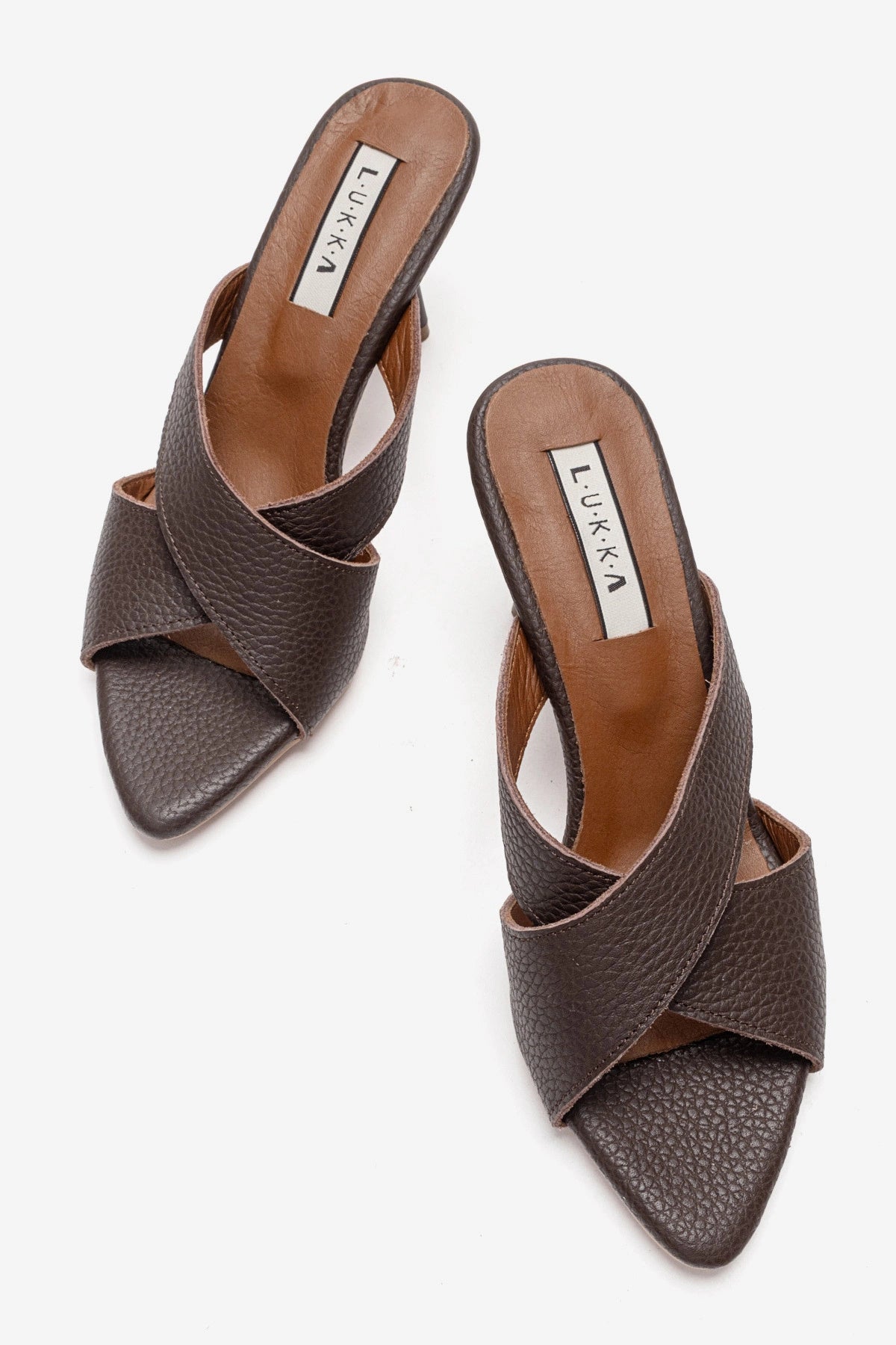 LUKKA SHOES Hakiki Deri Mila Kadın Acı Kahve Çapraz Topuklu Terlik
