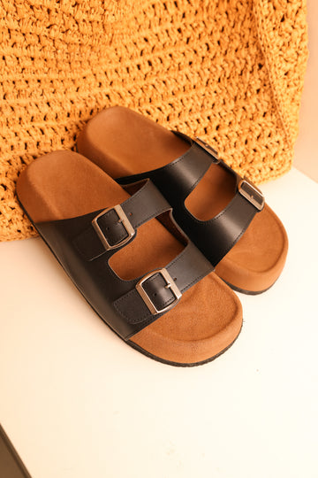LUKKA SHOES Lorenzo Siyah Cilt Çift Tokalı Hafif Mantar Taban Erkek Terlik