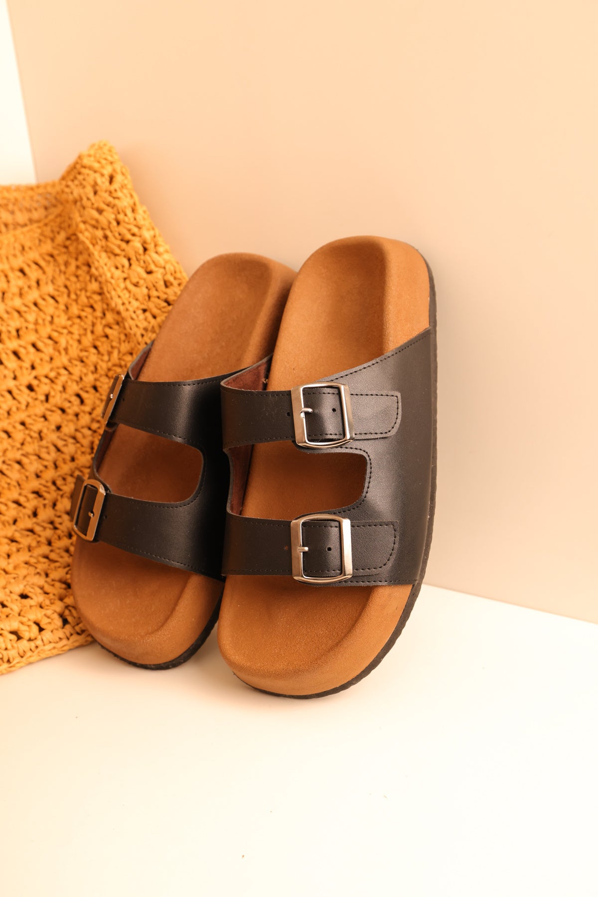 LUKKA SHOES Lorenzo Siyah Cilt Çift Tokalı Hafif Mantar Taban Erkek Terlik