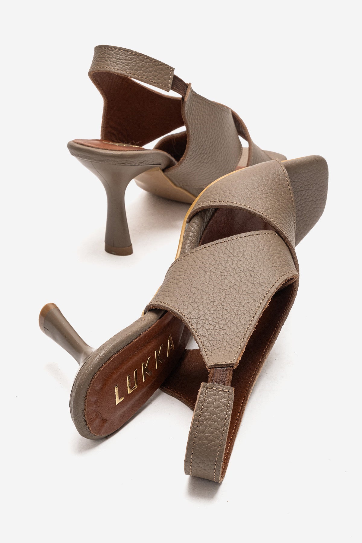 LUKKA SHOES Hakiki Deri Perla Kadın Vizon Çapraz Topuklu Ayakkabı