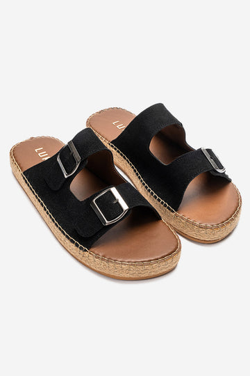 LUKKA SHOES Matti Siyah Süet Tokalı Hafif Mantar Taban Erkek Terlik