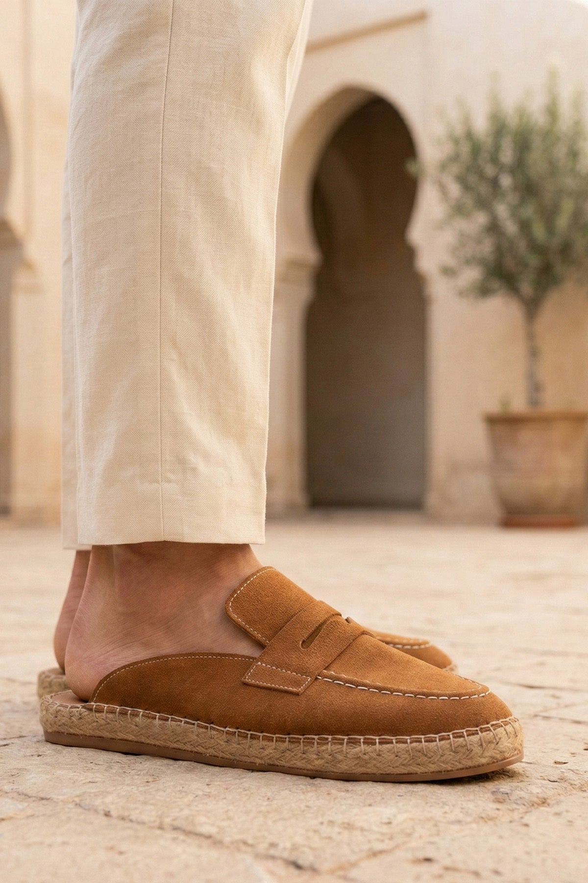 LUKKA SHOES Erkek Amaya El Yapımı Taba Suni Deri Tozu Espadril Loafer Terlik