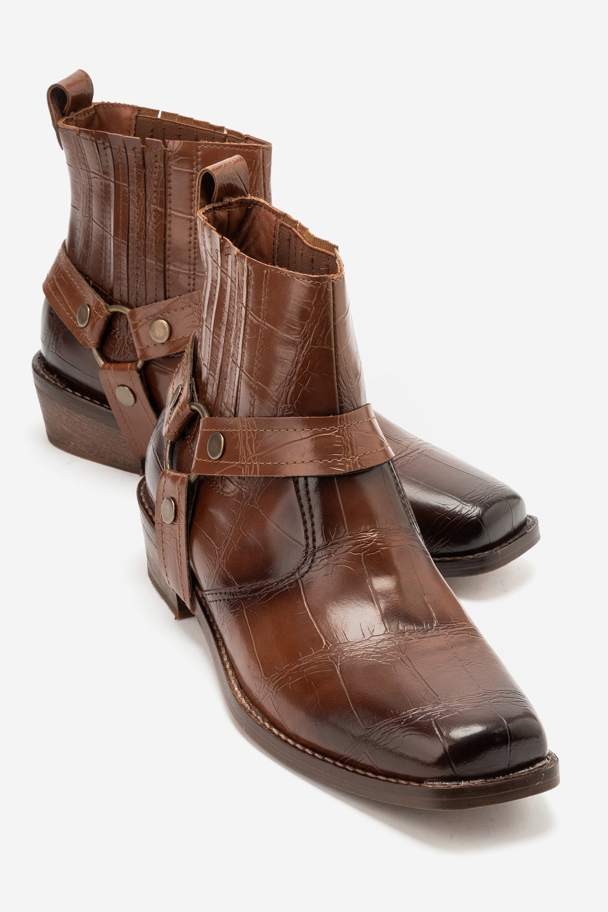 Bert Erkek Taba Kroko Kovboy Dallas Western Tak Çıkar Detaylı Ahşap Topuk El Yapımı Bot