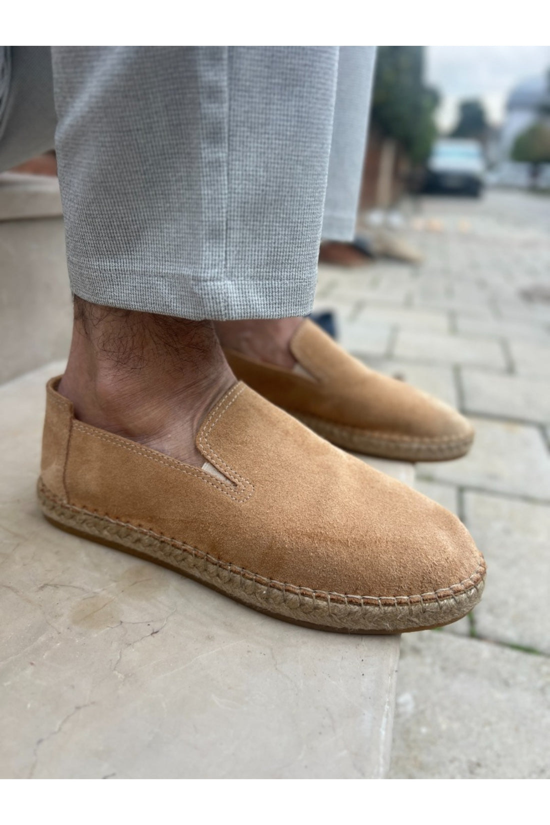Dina Hakiki Deri Bej Lastikli Espadril