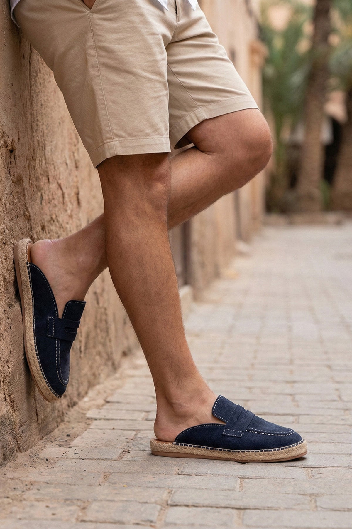 Erkek Amaya El Yapımı Lacivert Suni Deri Tozu Espadril Loafer Terlik