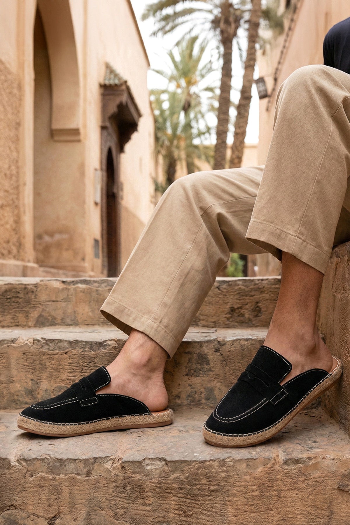 Erkek Amaya El Yapımı Siyah Suni Deri Tozu Espadril Loafer Terlik