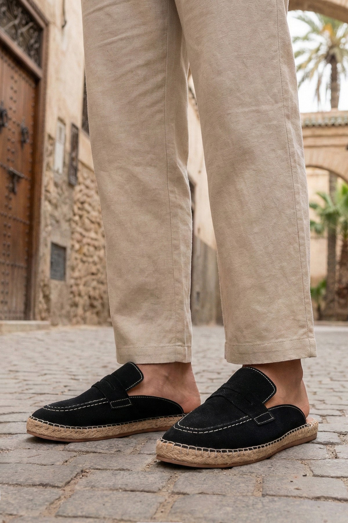 Erkek Amaya El Yapımı Siyah Suni Deri Tozu Espadril Loafer Terlik
