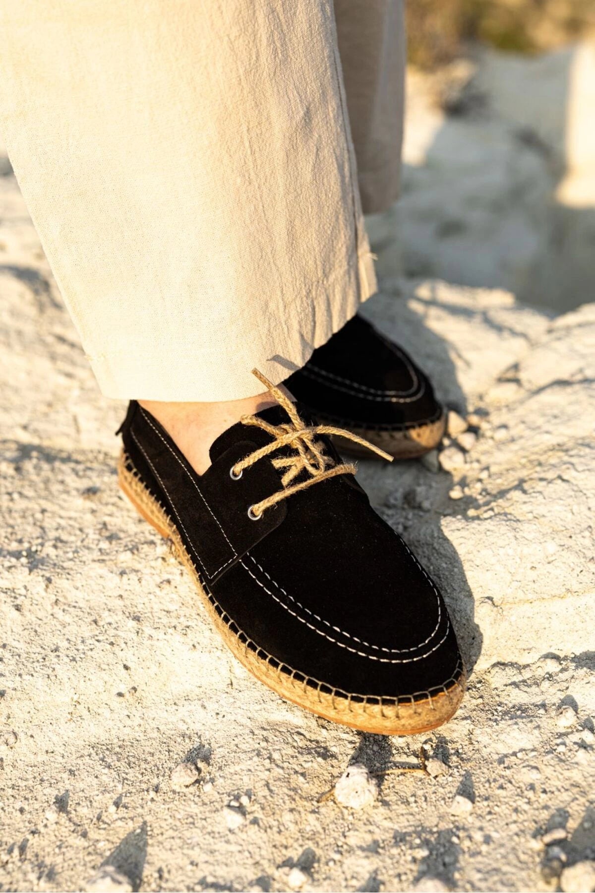 Fleur Hakiki Deri Siyah Bağcıklı Espadril