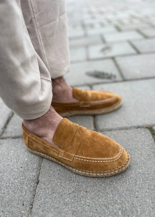 Rose Hakiki Deri Camel Süet Loafer Espadril